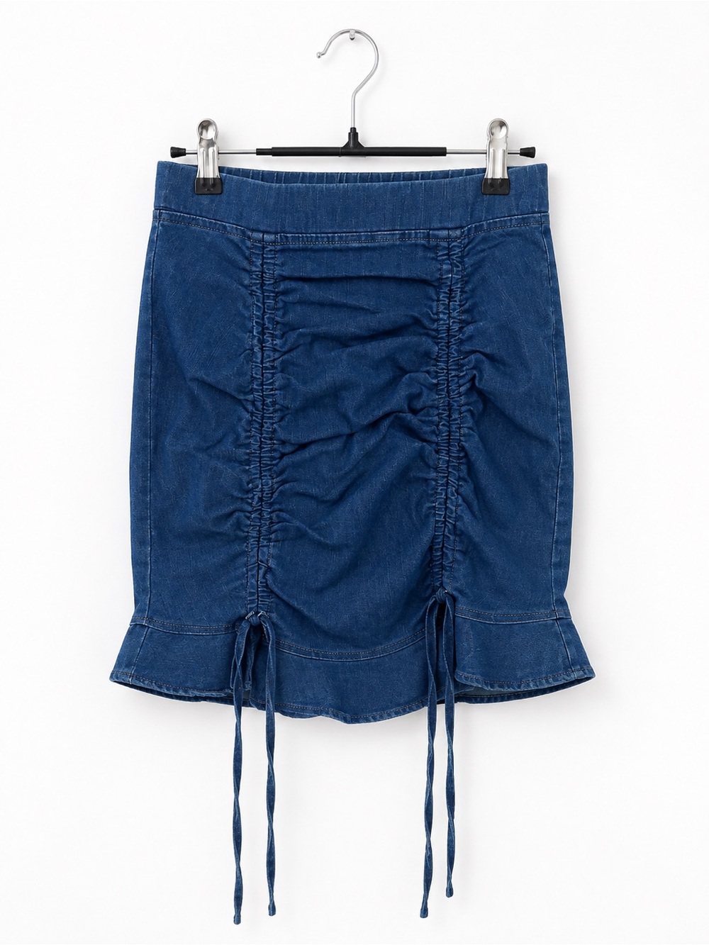 Blue Ruched Denim Drawstring Skirt